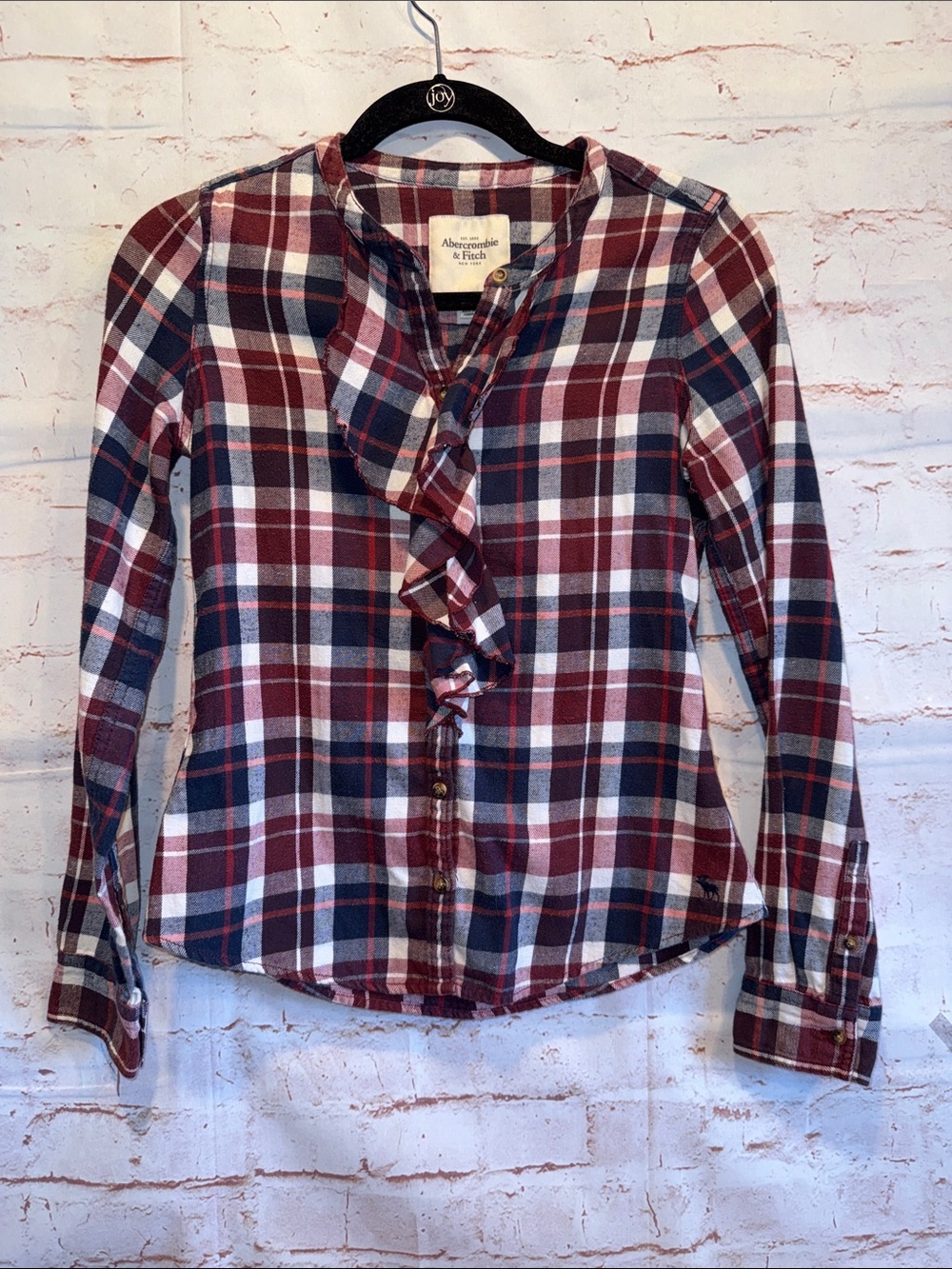 Abercrombie & Fitch Red Navy Plaid Ruffle Button-Down Shirt XS cotton